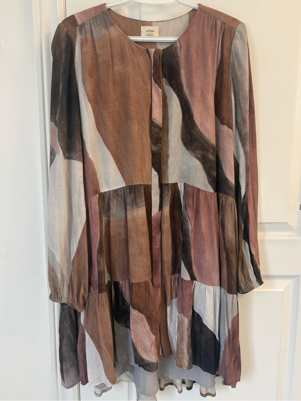 Aritzia Multitone Abstract Long-Sleeve Tiered Dress - Brown, Pink, Gray